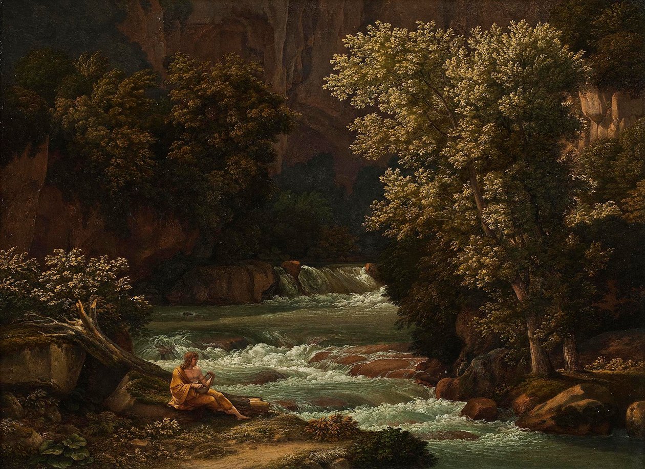 Udsigt over Ponte Lupo nær Tivoli med en person, der spiller lyre i forgrunden af Johann Christian Reinhart