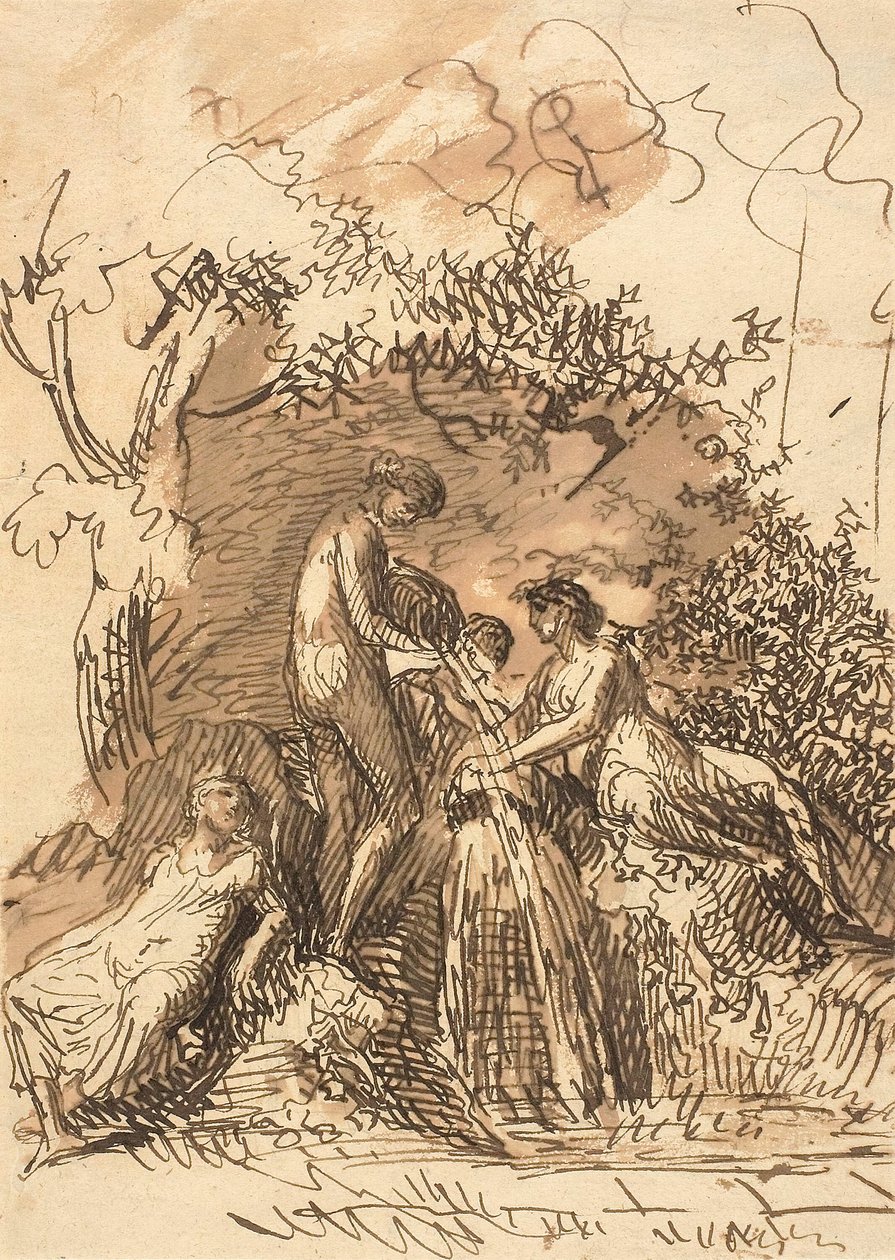 Unge piger ved et springvand (recto); Fragment af skitse af ben (verso) af Johann Christian Reinhart