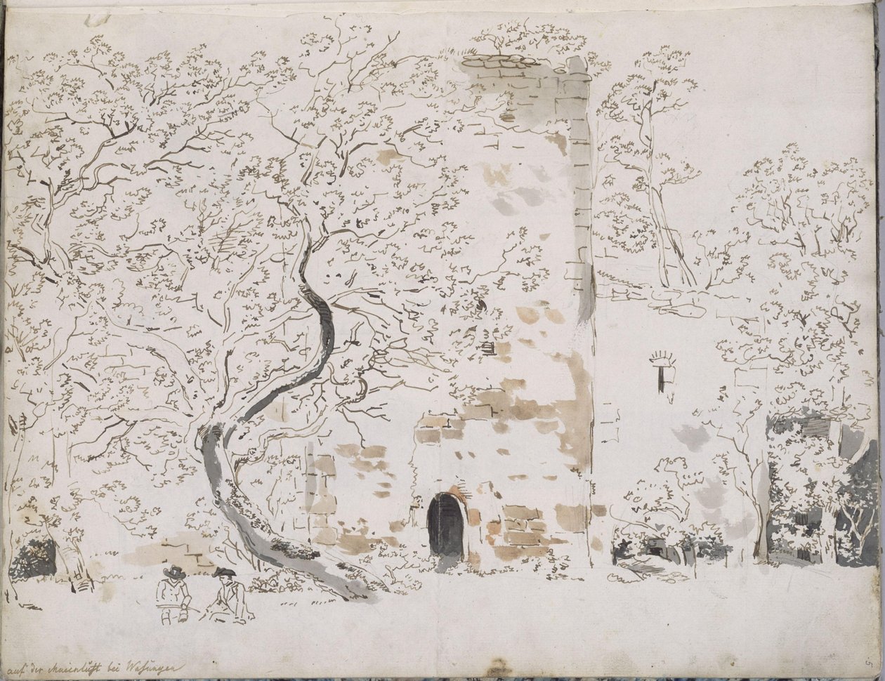 To tegnere foran en borg bag træer: på Maienlust ved Wasungen af Johann Christian Reinhart