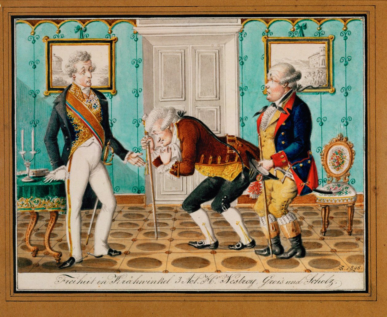 Et populært skuespil i Wien viser digteren og skuespilleren Johann Nestroy (kobberstik) af Johann Christian Schoeller