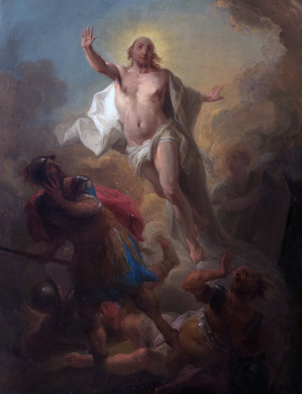 Kristus rejser sig fra graven og romerske soldater på flugt (olie om bord) af Johann Christian Thomas (attr.to) Winck