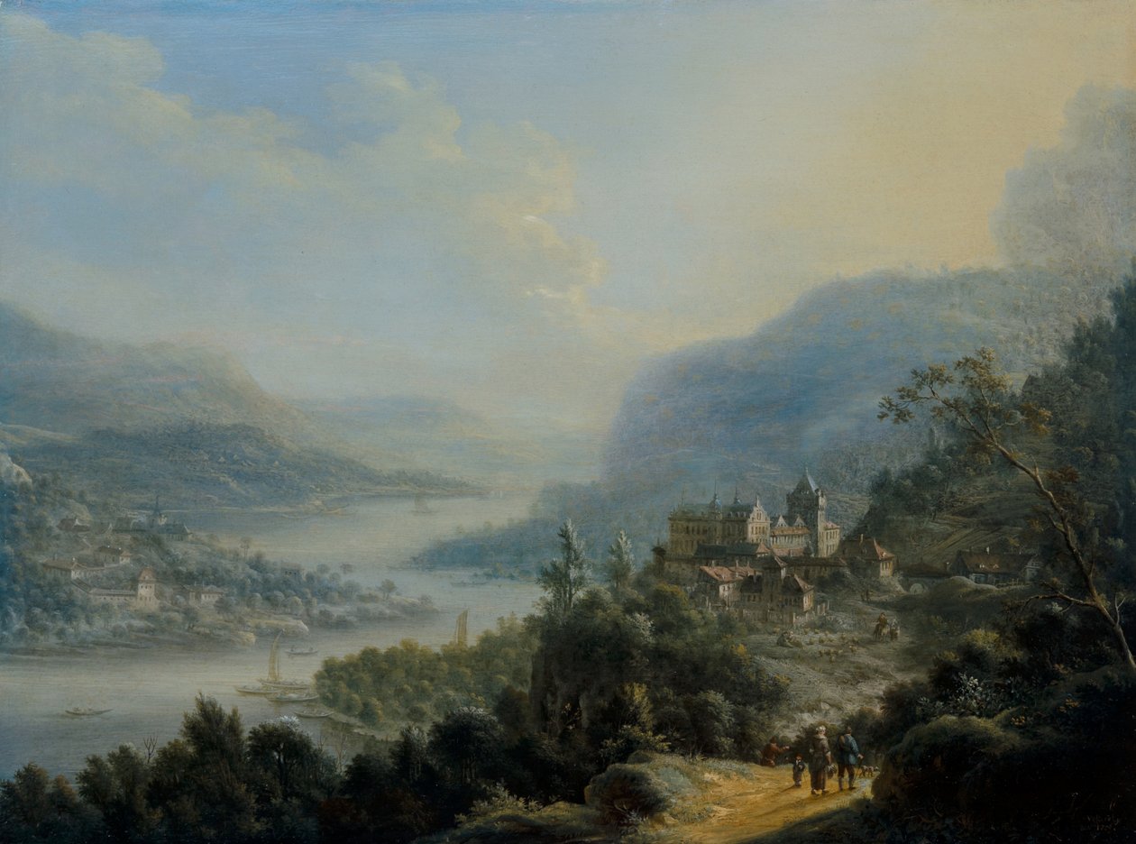 Et omfattende rheinsk landskab med rejsende på en vej ved et slot af Johann Christian Vollerdt or Vollaert