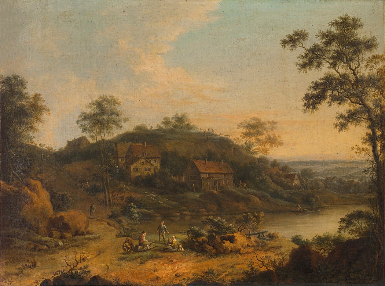 Bakket landskab med bondehuse af Johann Christian Vollerdt or Vollaert