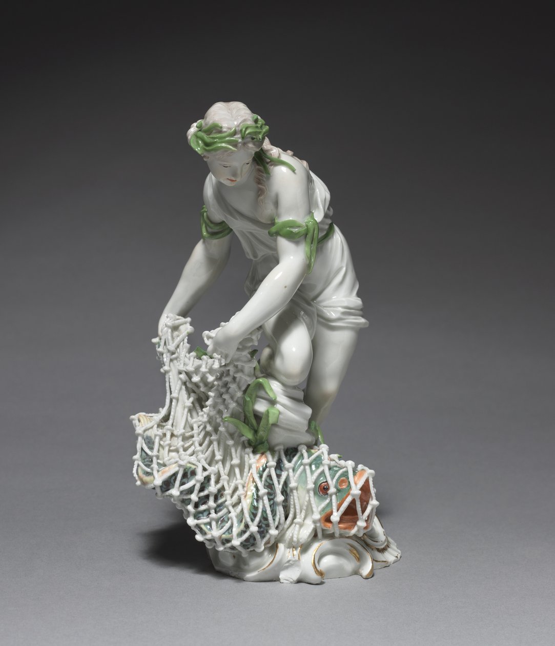 Fisherwoman, fabrikant Ludwigsburg Porcelænsfabrik, Tyskland, ca. 1765 (porcelæn med emalje og forgyldt dekoration) af Johann Christian Wilhelm Beyer