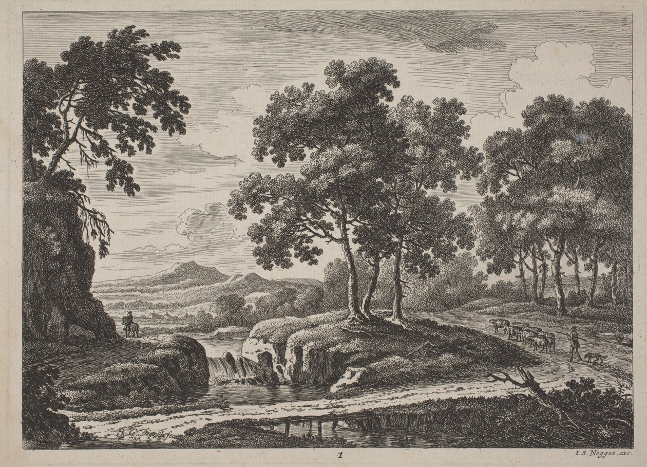 Panoramaflodlandskaber med rejsende, 1734. af Johann Christoph Dietzsch