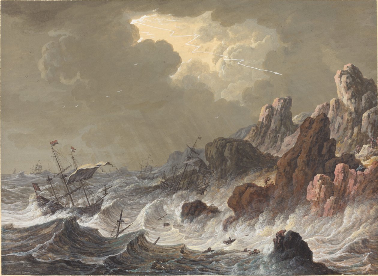 Stormkastede skibe forlist på en klippekyst af Johann Christoph Dietzsch
