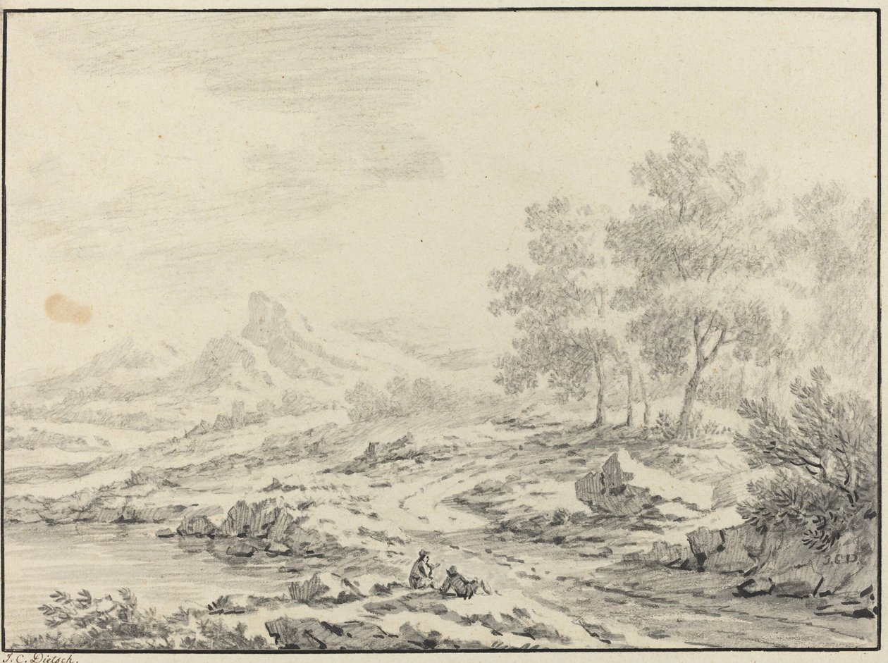 To mænd hviler i nærheden af en sø af Johann Christoph Dietzsch