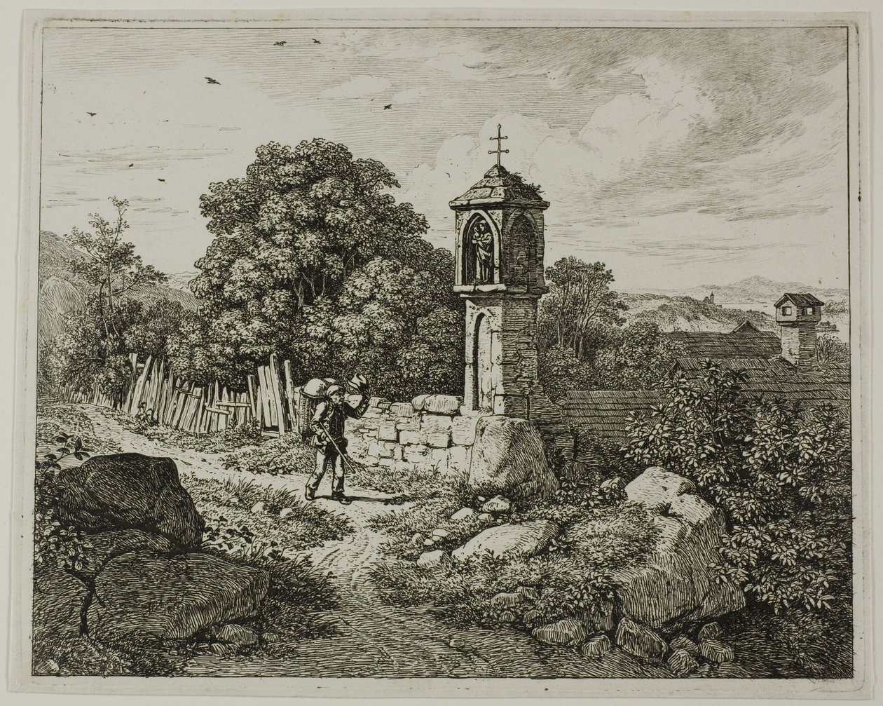 Farmer Greeting a Roadside Shrine of the Madonna, tallerken 1 fra The Two Large Landscapes with the Prayer Pillars af Johann Christoph Erhard