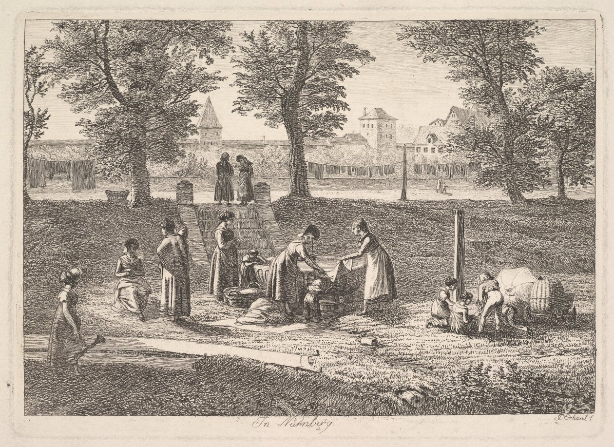Udendørsscene med kvinder, der udfører huslige gøremål i Nürnberg, af Johann Christoph Erhard