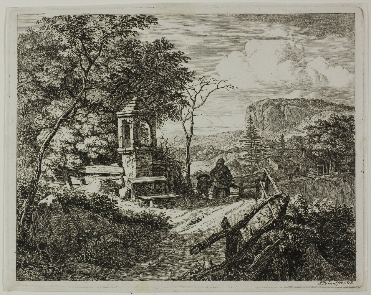Træsamler med en dreng, tallerken to fra The Two Large Landscapes with the Prayer Pillars af Johann Christoph Erhard