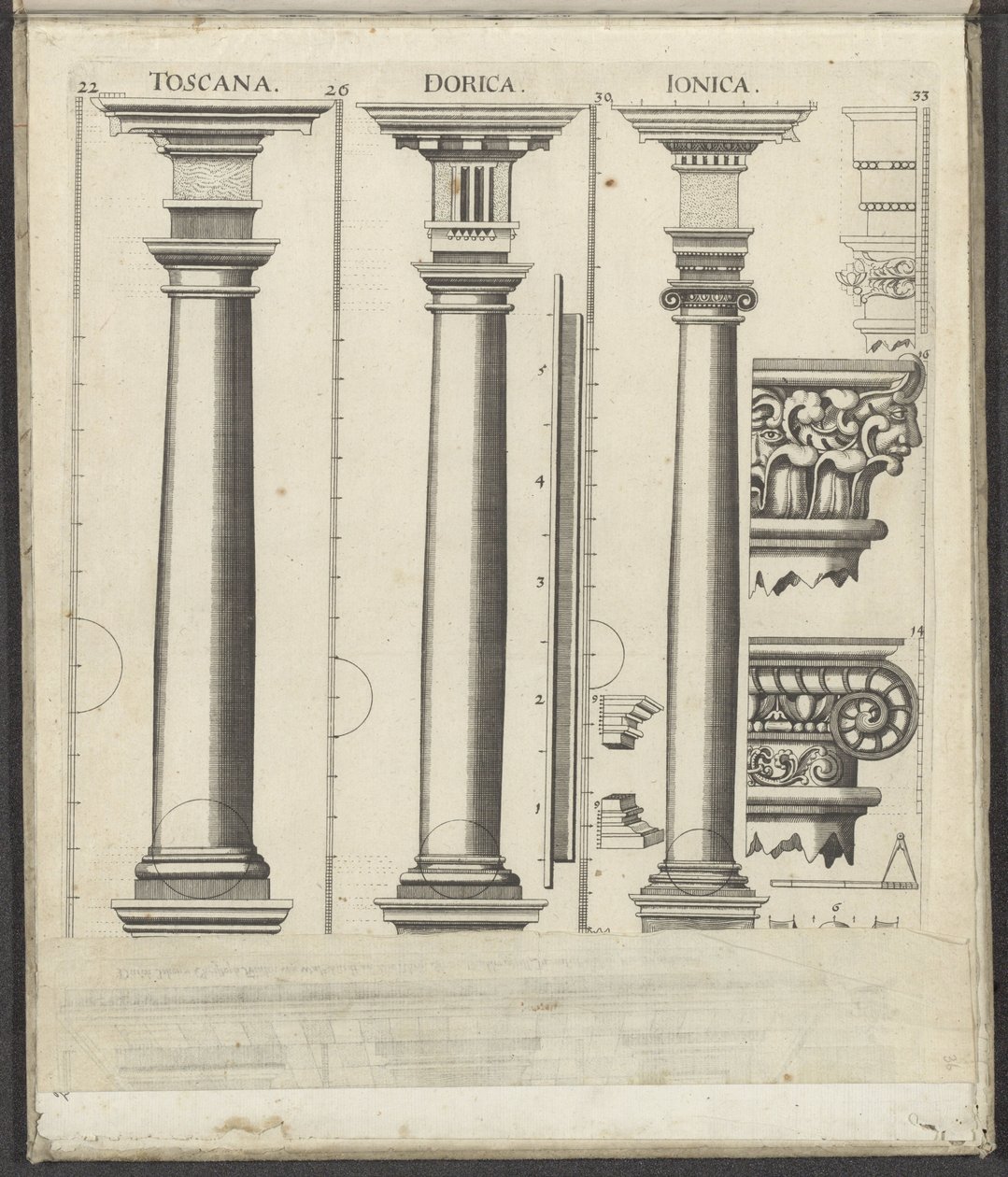 Tre søjler af de toscanske, doriske og joniske ordener Toscana / Dorica / Ionica (titel på objekt) Funf Ordnungen der Architektur (serietitel) af Johann Christoph Feinlein