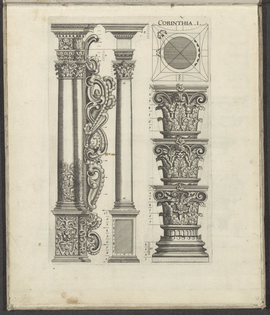Kolonner og kapitæler i den korintiske orden Corinthia .I. (titel på objekt) Five Orders of Architecture (serietitel) af Johann Christoph Feinlein