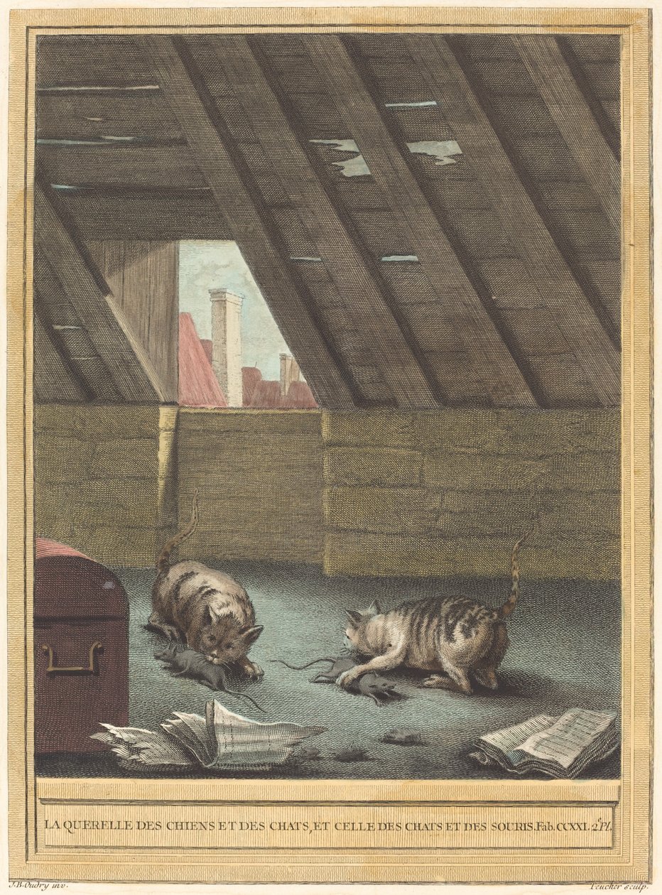 Katte- og hundes skænderi og katte og mus af Johann Christoph Teucher after Jean Baptiste Oudry