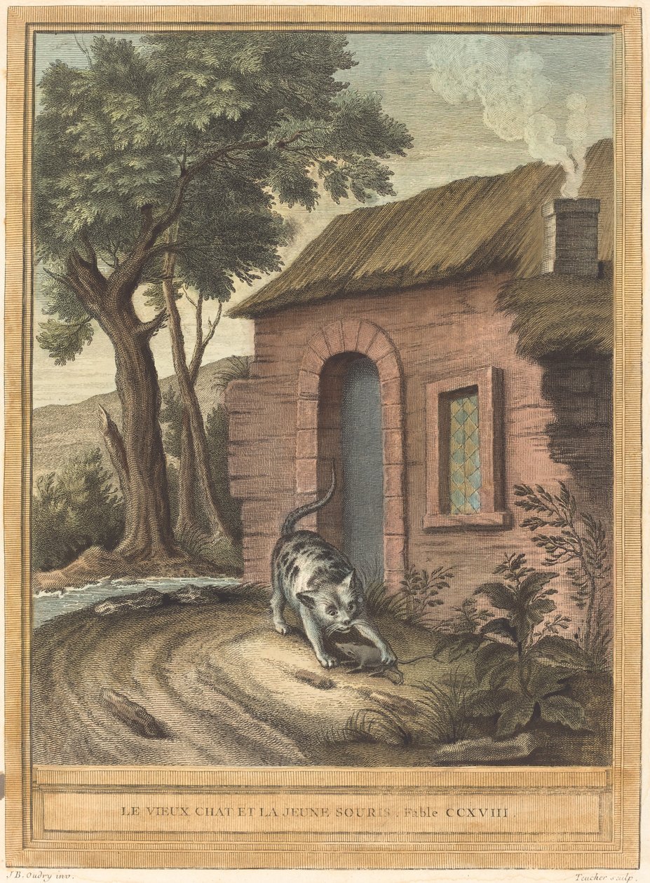 Den gamle kat og den unge mus af Johann Christoph Teucher after Jean Baptiste Oudry