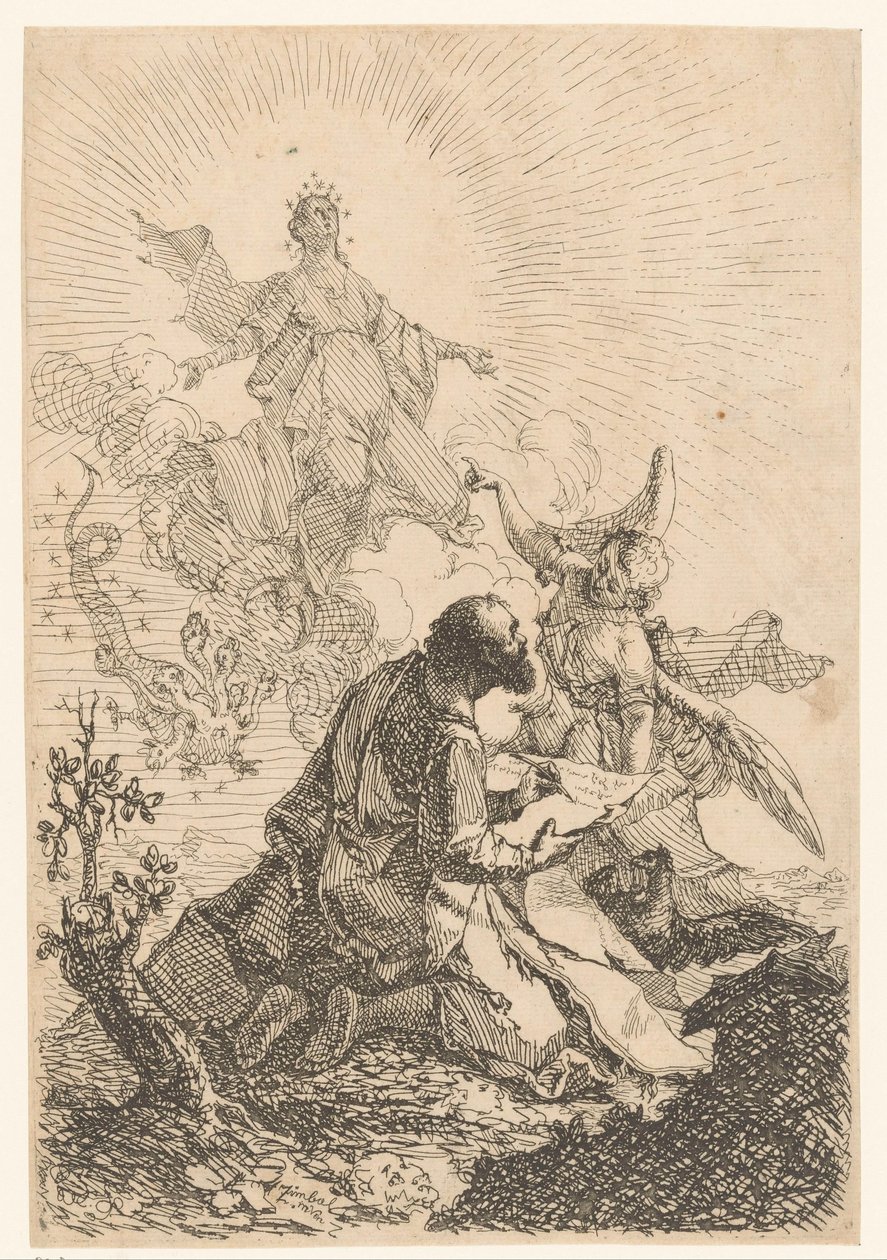 John har en vision på Patmos, hvor jomfruen dræber den syvhovedede drage af Johann Cimbal