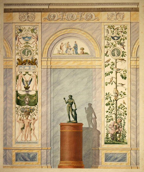 Tegning af udsmykningen til bagvæggen i Slotssalen i Kassel (pen & akvarel på papir) af Johann Conrad Bromeis