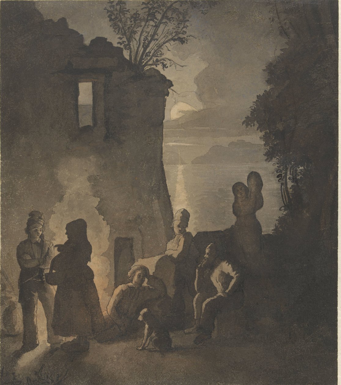 Hvilende Savoyards ved et bål på en søbred om natten af Johann Conrad Seekatz