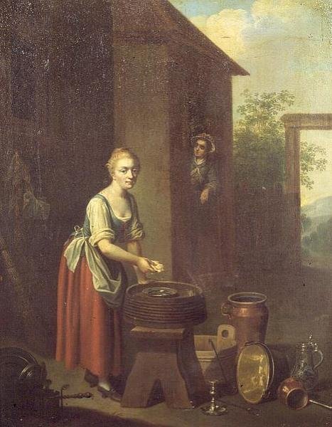 En stuepige vasker op i en gård af Johann Daniel Bager