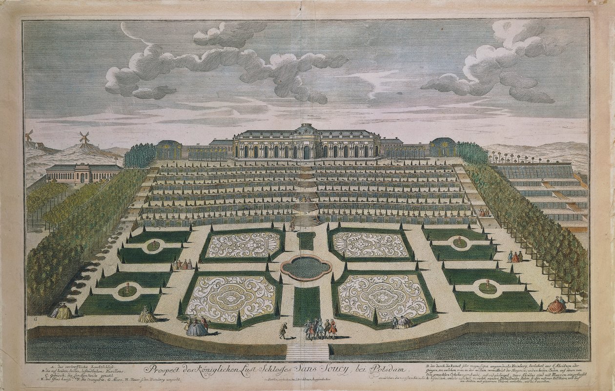 Perspektiv udsigt over Sanssouci Slot, Potsdam, Tyskland af Johann David Schleuen