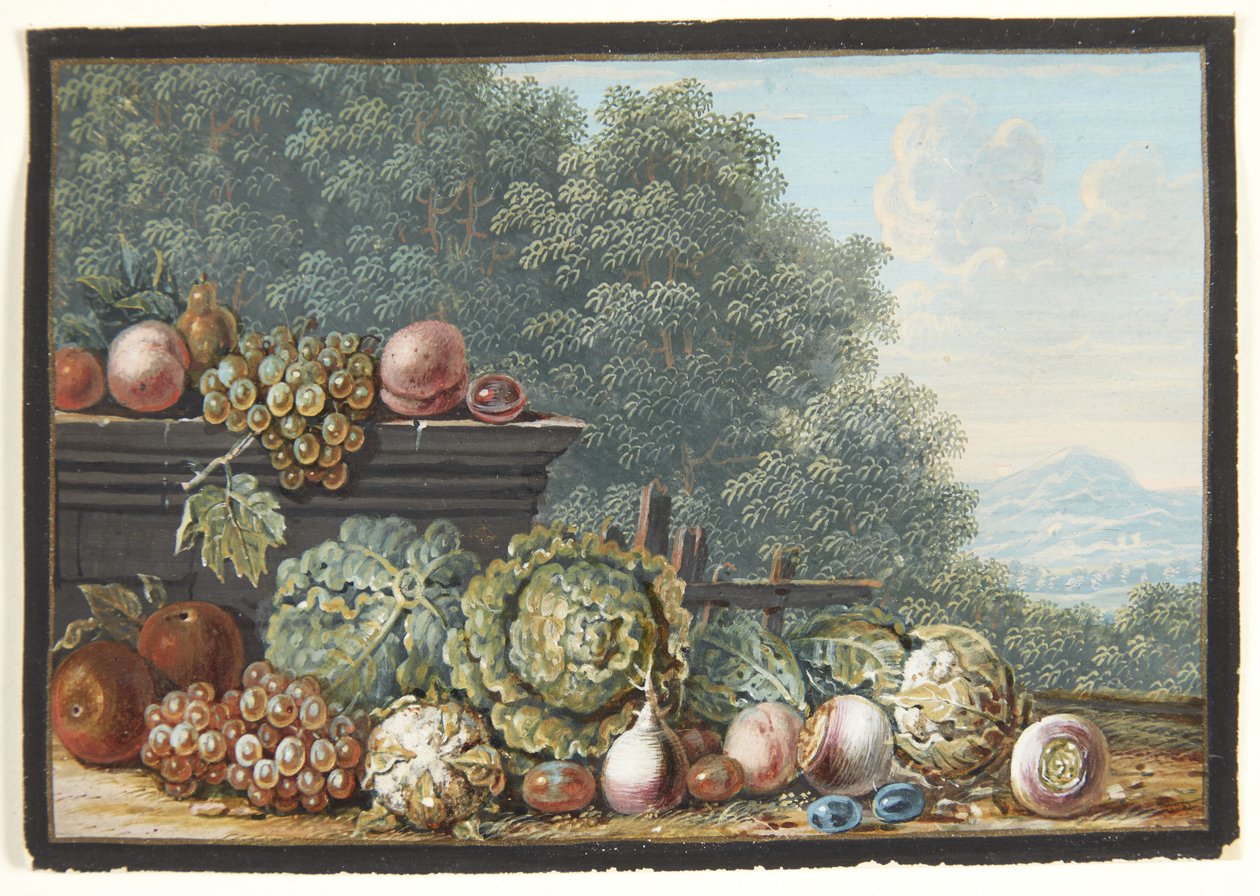 Et stilleben med grøntsager og frugter. I baggrunden udsigt til et sydlandsk bjerglandskab af Johann Dietzsch