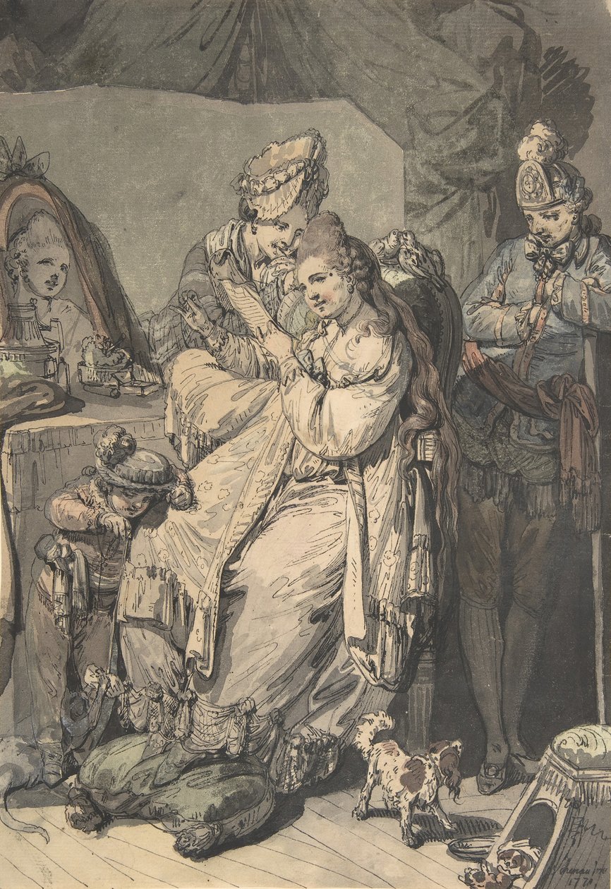 En kvinde ved sit toilet med en tjenestepige, en dreng, en hund og en ung soldat, verso: En skitse..., 1770. af Johann Eleazar Schenau