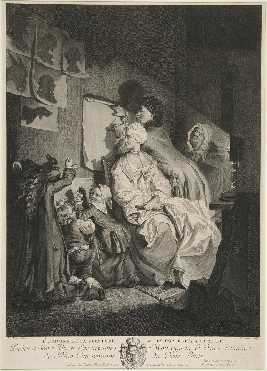 Oprindelsen af ​​maleri eller moderigtige portrætter; pub. 1767 af Johann Eleazar Schenau
