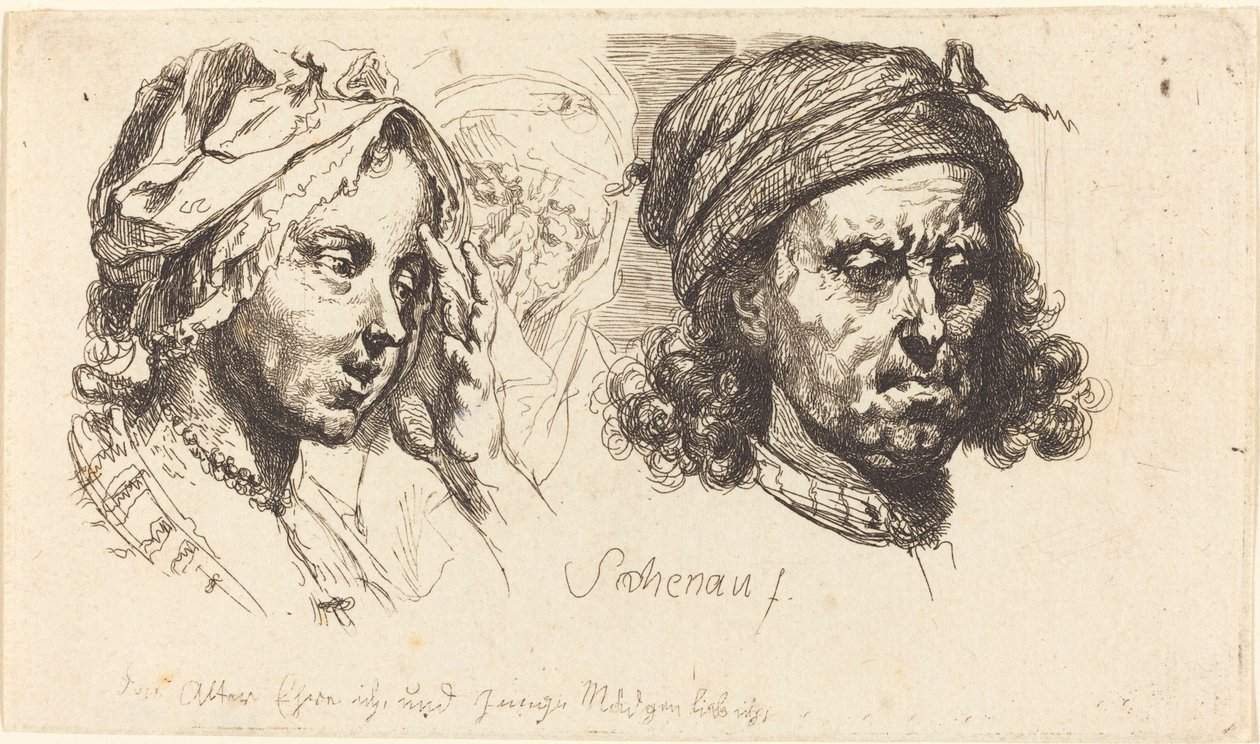 Ung kvinde, gammel kvinde og mand med langt hår af Johann Eleazar Schenau