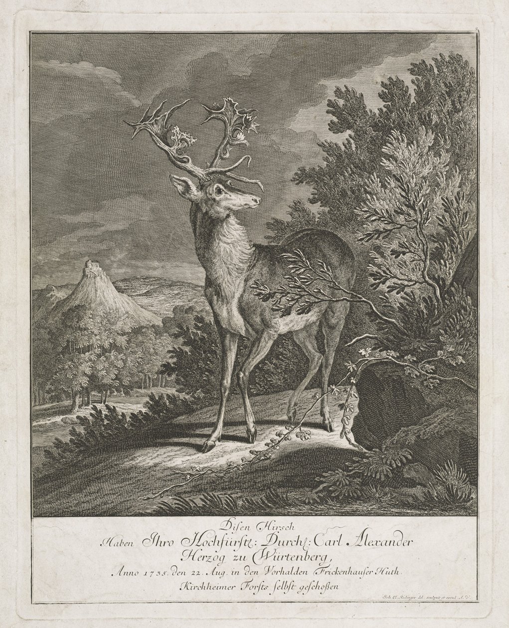 En storslået kronhjort i et landskab af Johann Elias Ridinger