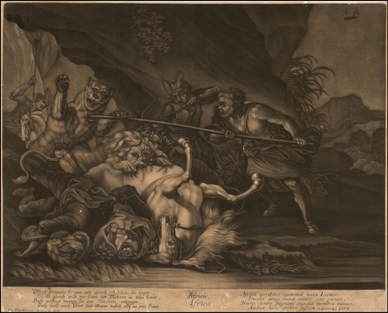 Ca. 1770 allegorisk mezzotinte af Afrika af Johann Elias Ridinger