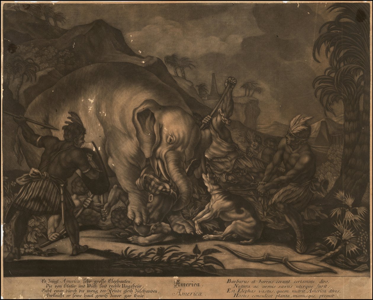 Ca. 1770 allegorisk mezzotinte af Amerika af Johann Elias Ridinger