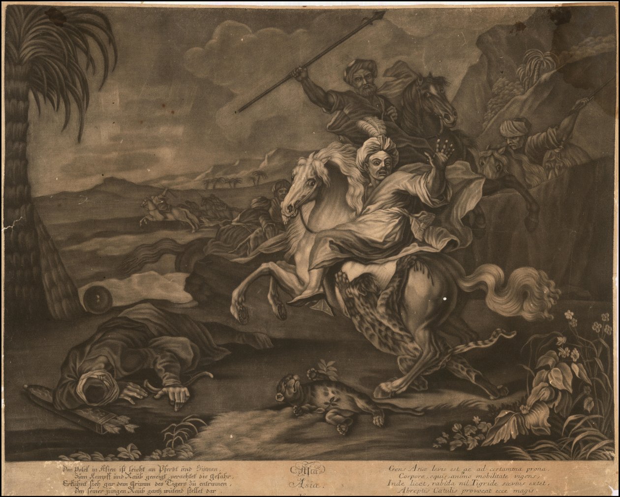 Ca. 1770 allegorisk mezzotinte af Asien af Johann Elias Ridinger