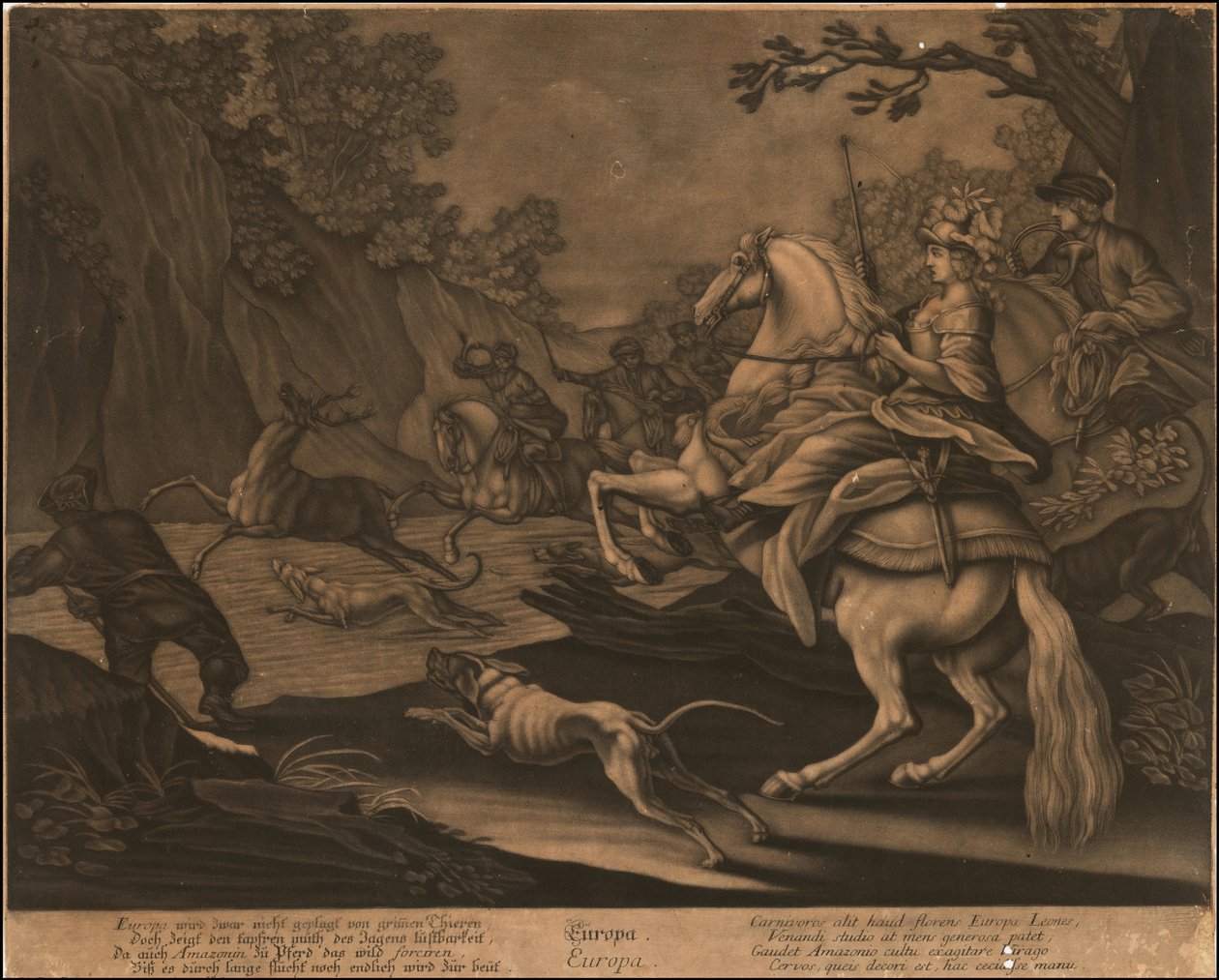 Ca. 1770 allegorisk mezzotinte af Europa af Johann Elias Ridinger