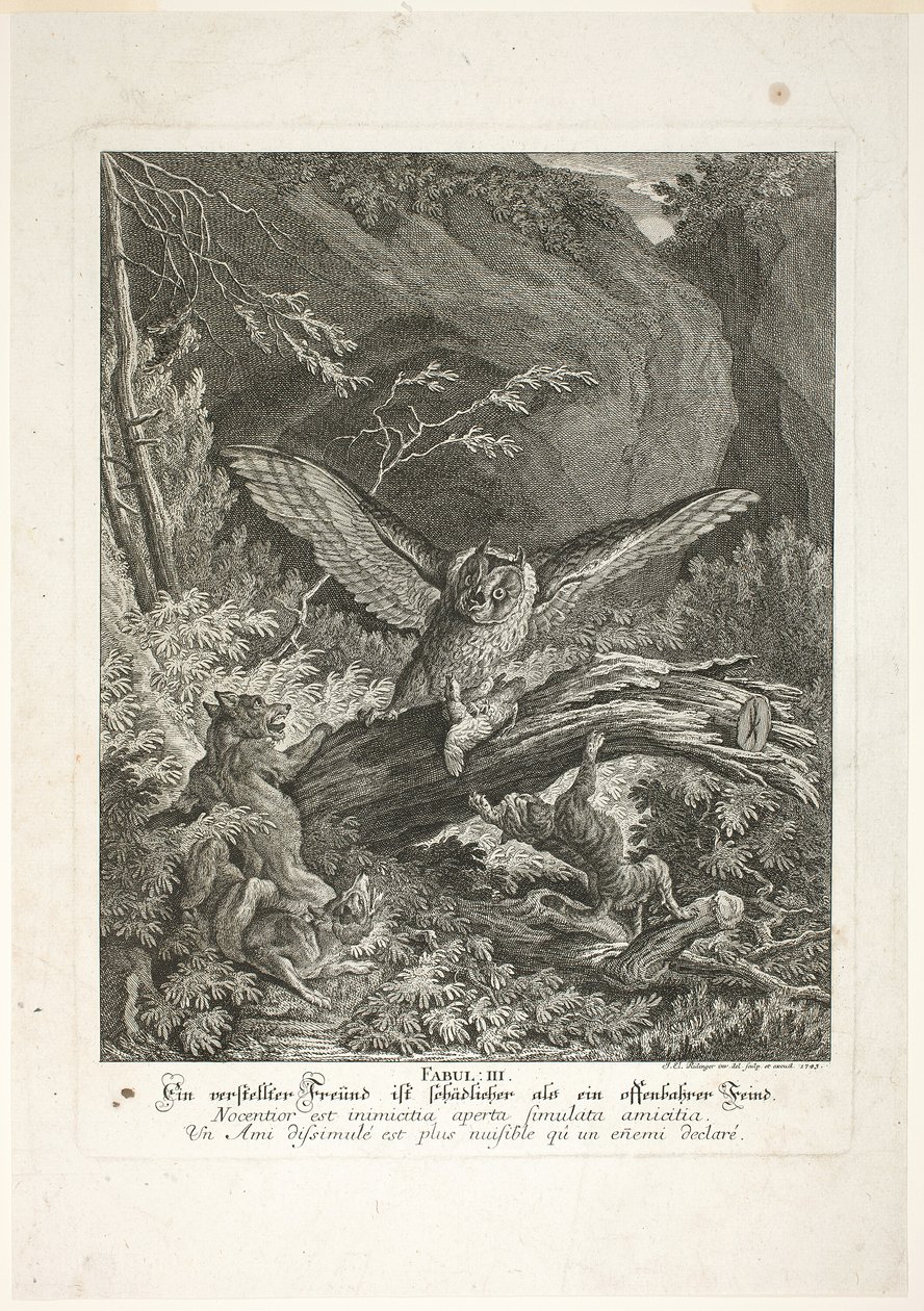 Fable III, plade tre fra Instructive Fables of the Realm of Theire af Johann Elias Ridinger