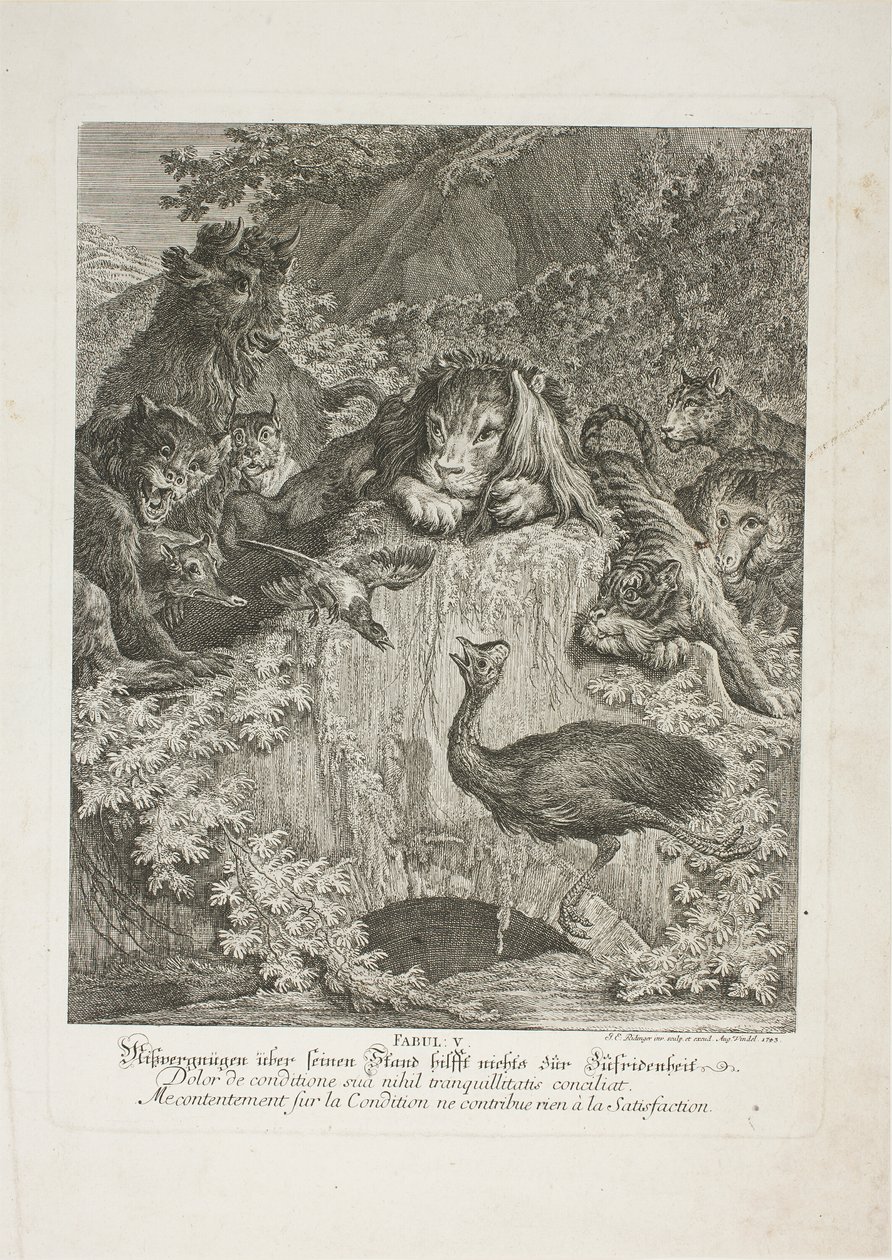 Fable V, plade fem fra Instructive Fables of the Realm of Theire af Johann Elias Ridinger