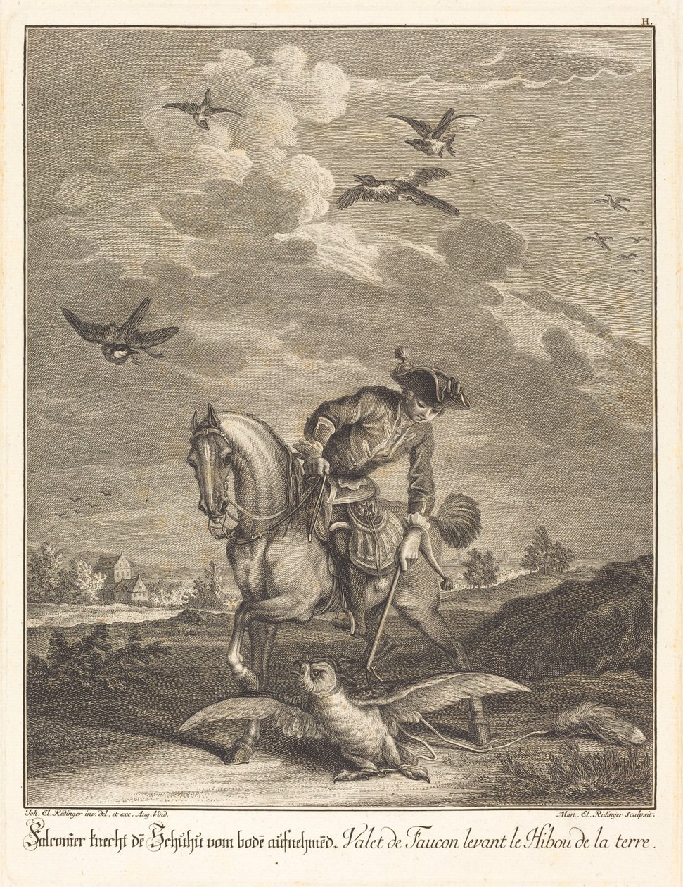 Falkoner løfter en ugle fra jorden af Johann Elias Ridinger