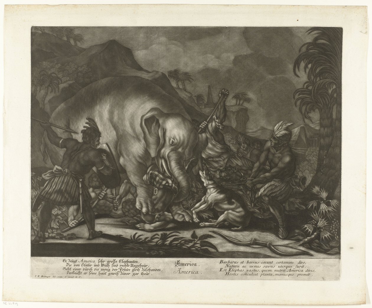 Elefantjagt Amerika (titel på objekt) af Johann Elias Ridinger