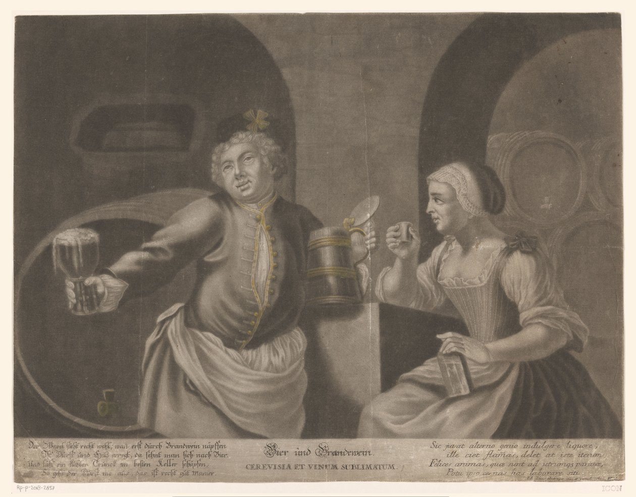 Mand og kvinde drikker øl og brandy Øl og Brandewein / Cerevisia et vinum sublimatum af Johann Elias Ridinger