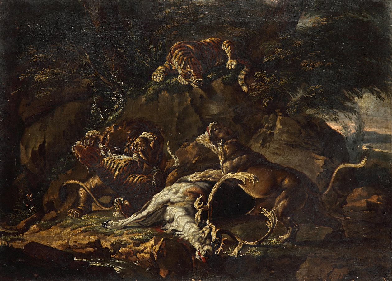 Rovdyr og sønderrevet kronhjort af Johann Elias Ridinger
