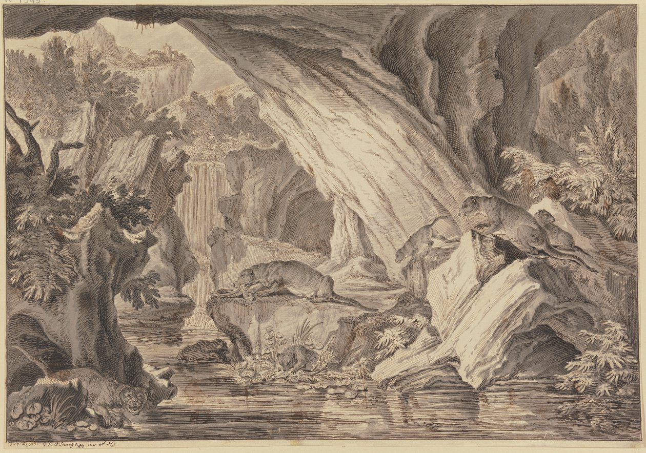Seks oddere i en klippehule ved vandet af Johann Elias Ridinger