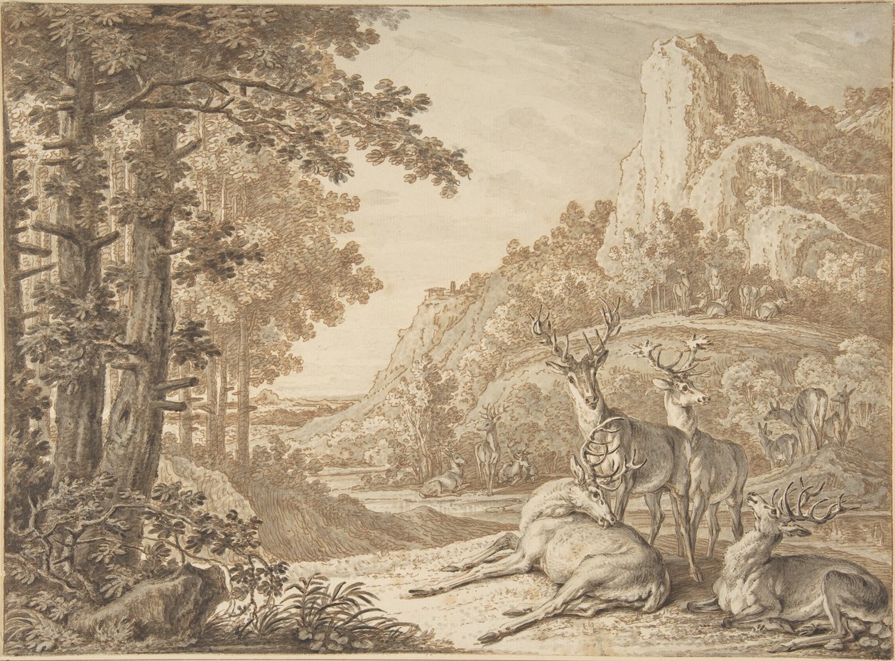 Hjorte i et landskab af Johann Elias Ridinger