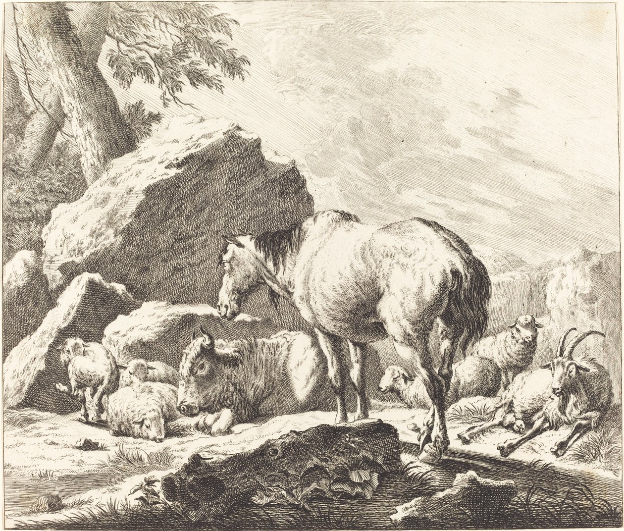 En hest, bøfler, får og ged i et italiensk landskab af Johann Elias Ridinger after Johann Heinrich Roos