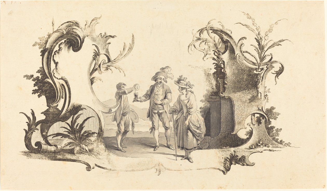 Cartouche Moderne med et ungt par, der serveres vin af Johann Esaias Nilson
