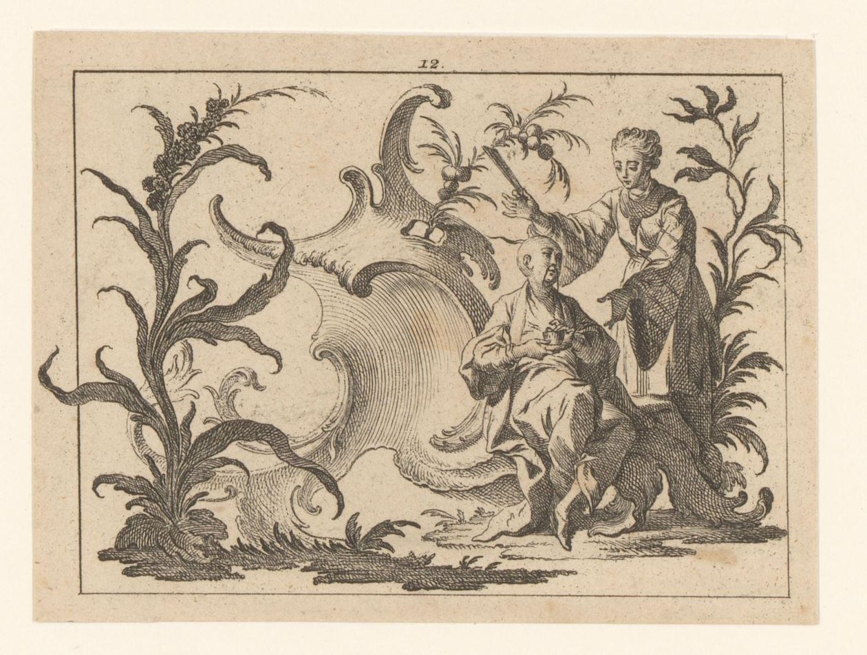 Kineser med kop og underkop siddende i en rokoko-pynt, ved siden af ​​ham er en kvinde med vifte Rygere på rokoko ornament (serietitel) af Johann Esaias Nilson