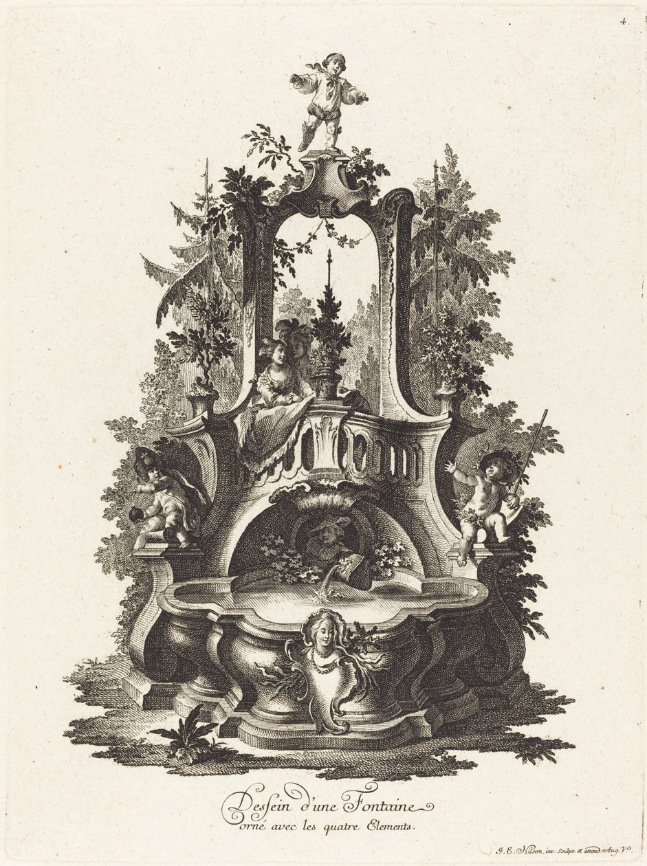 Design til et springvand dekoreret med de fire elementer af Johann Esaias Nilson