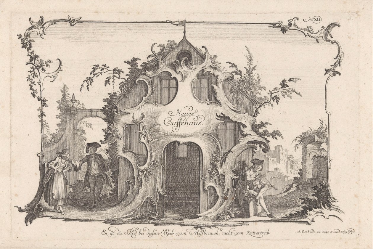 Kaffehus med skændende par Neues Caffehaus (titel på objekt) Sociale aktiviteter (serietitel) af Johann Esaias Nilson