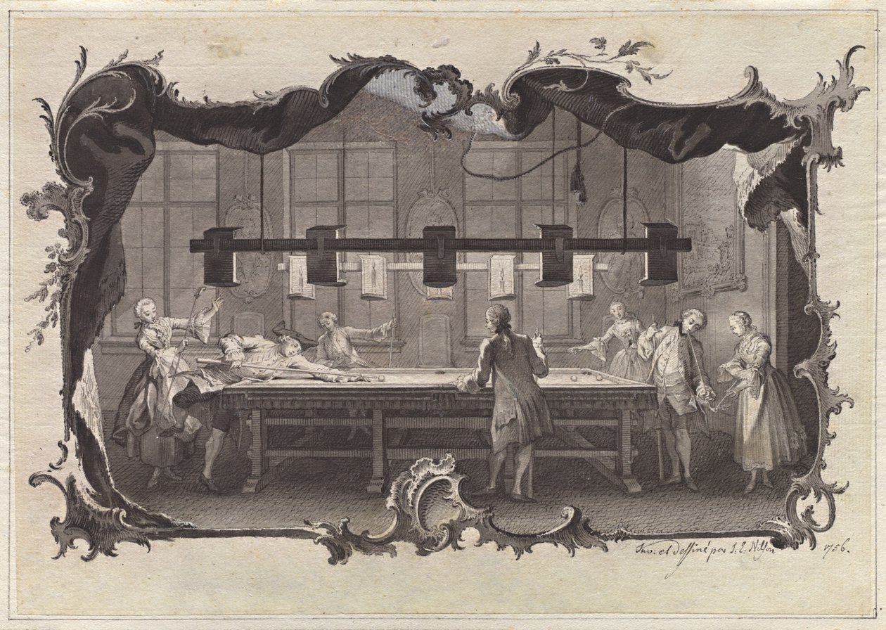 Mine damer og herrer spiller billard af Johann Esaias Nilson