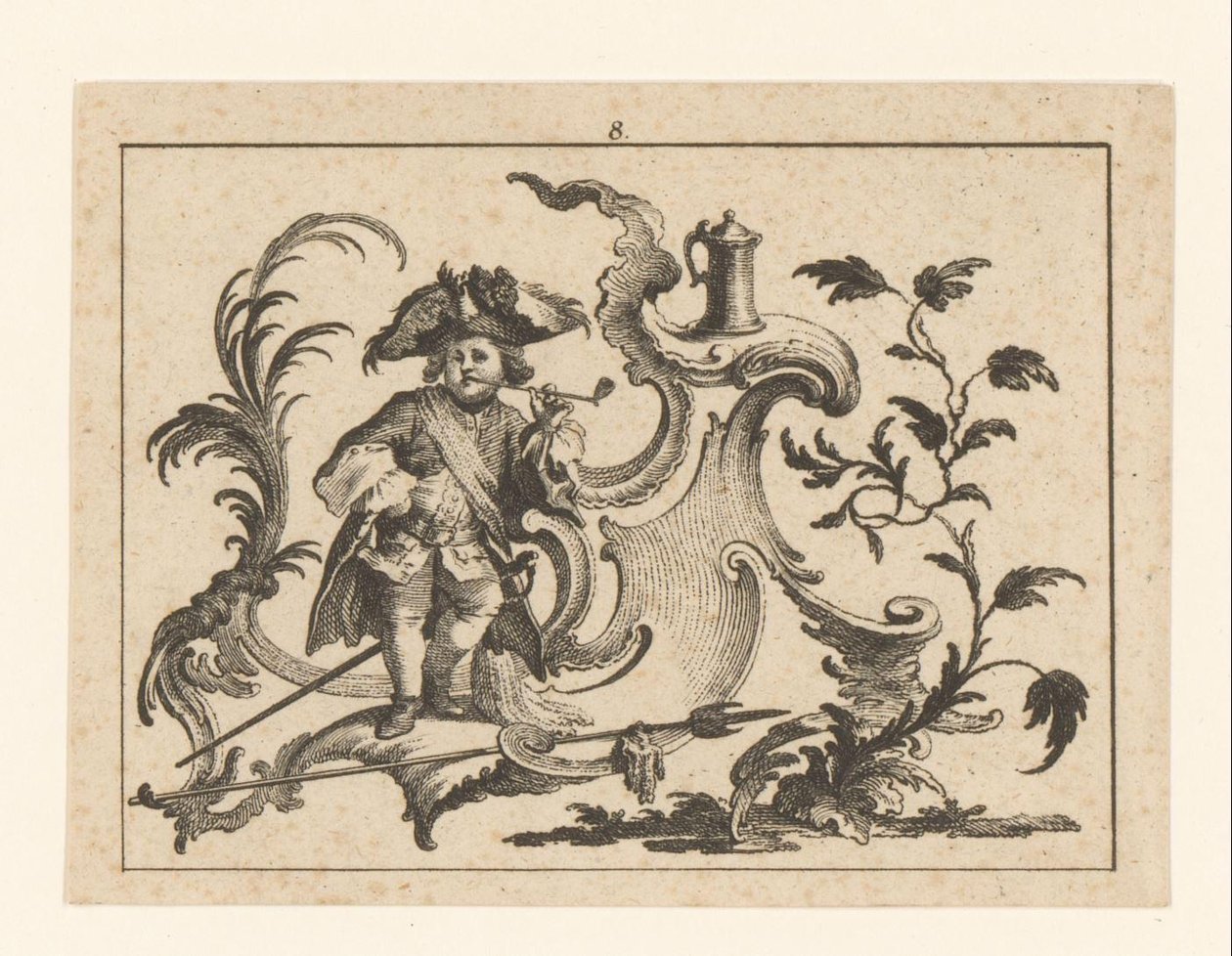 Piberygende mand læner sig op ad en rokoko-pynt Rygere på rokoko ornament (serietitel) af Johann Esaias Nilson