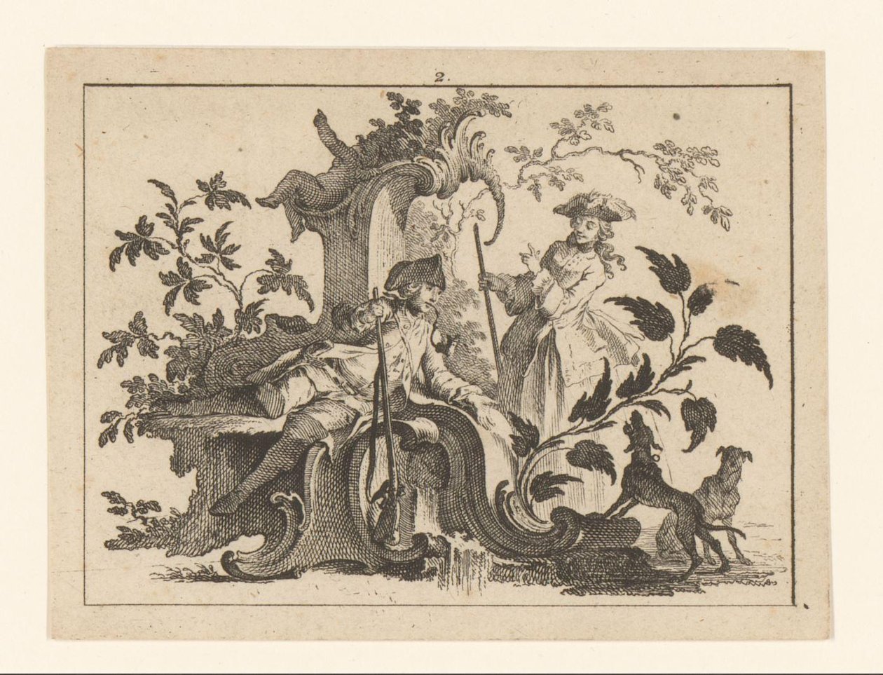 Rørrygende mand med pistol og kvinde med to hunde på en rokoko-pynt Rygere på rokoko ornament (serietitel) af Johann Esaias Nilson