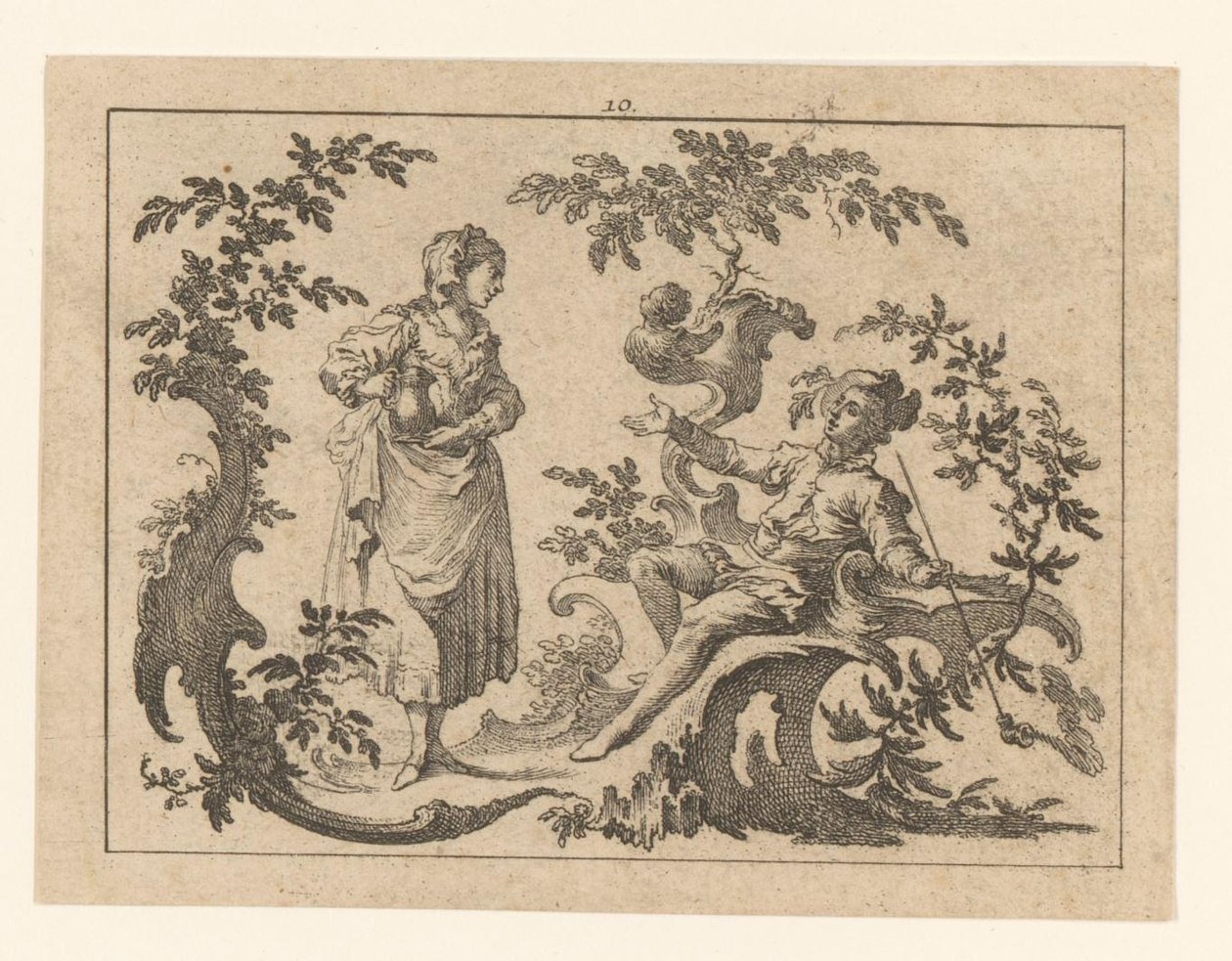 Piberygende siddende mand, ved siden af ​​ham en stående kvinde med en kande på et rokoko-pynt Rygere på rokoko ornament (serietitel) af Johann Esaias Nilson