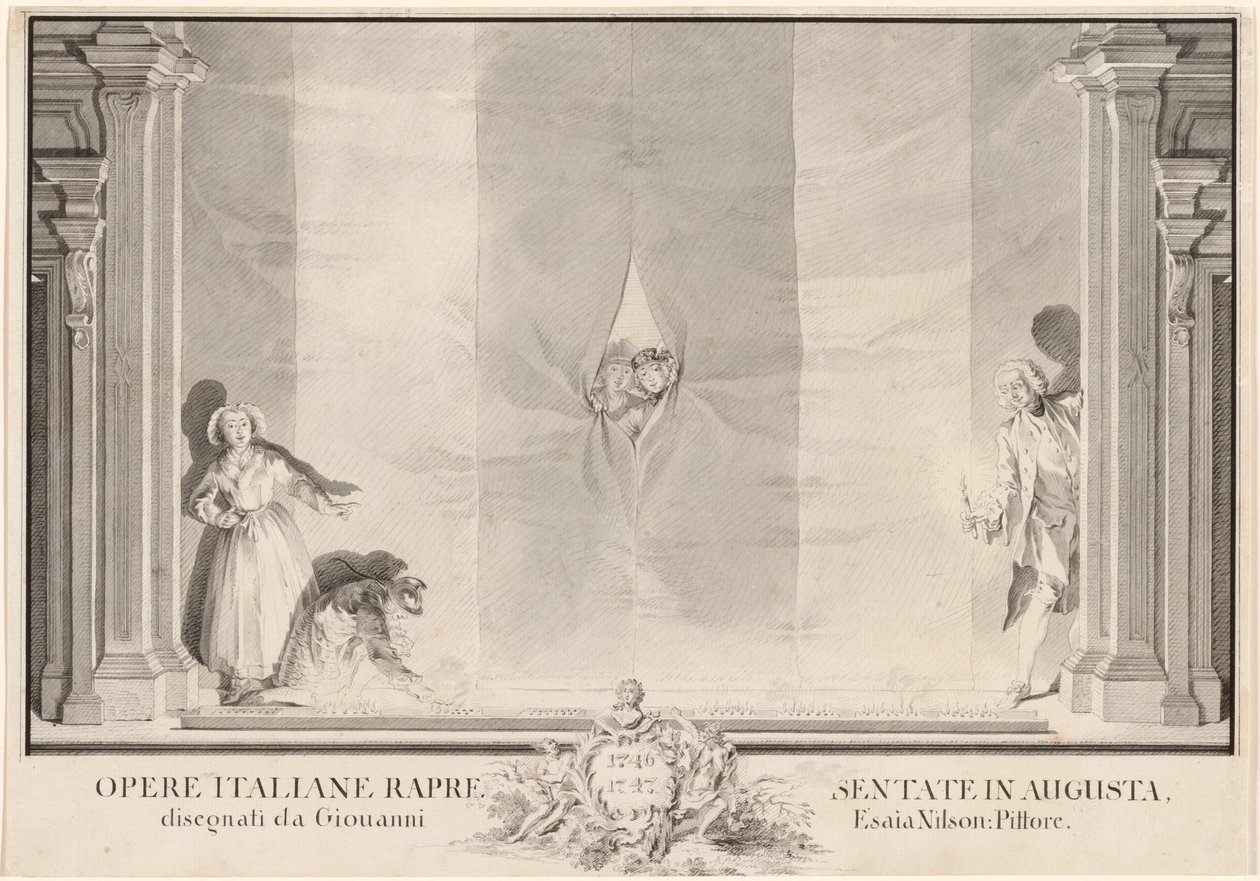 To skuespillere kigger gennem et teatergardin, mens andre forbereder lysene af Johann Esaias Nilson